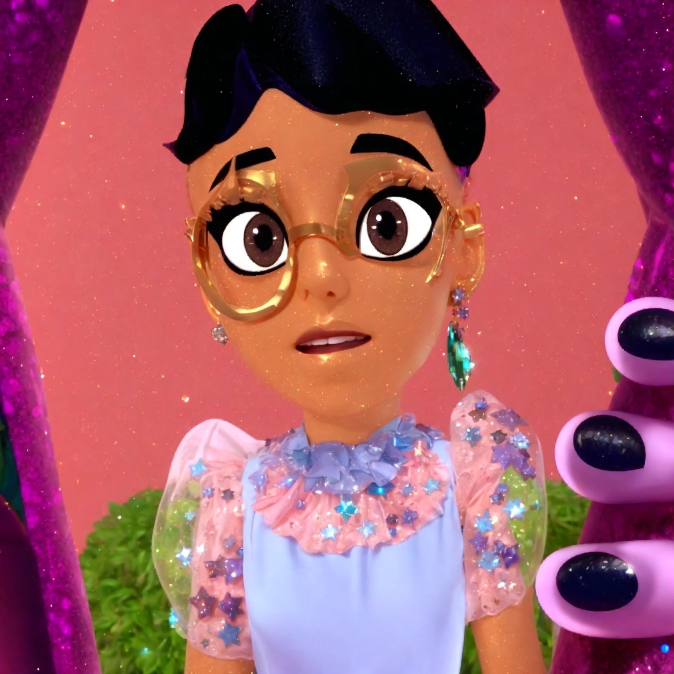 Young animated character in pastel dress with glasses