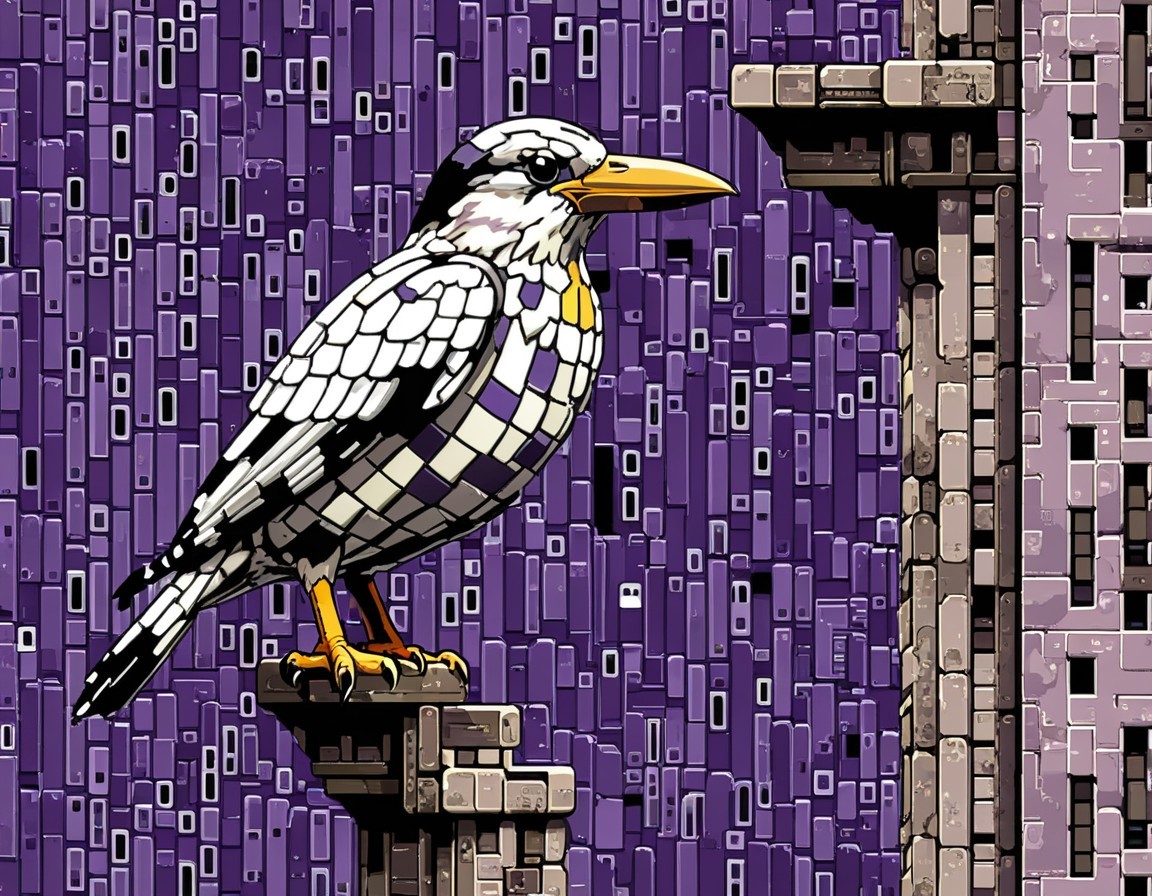 Stylized Bird on Rocky Outcrop with Mosaic Pattern