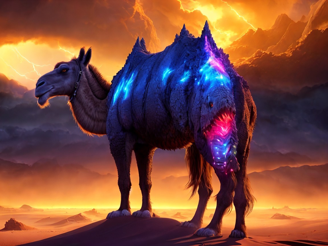 Surreal Camel with Vibrant Patterns at Sunset