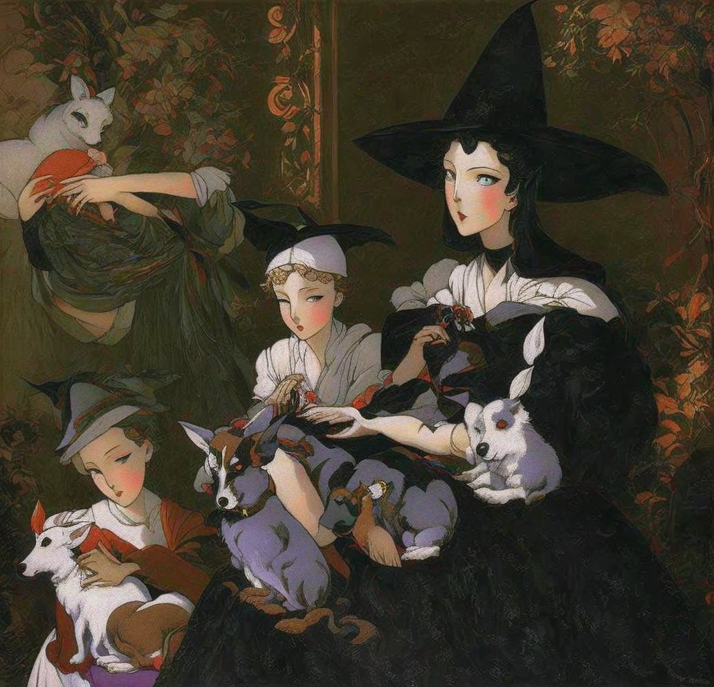 Whimsical Scene of Witches with Playful Animals