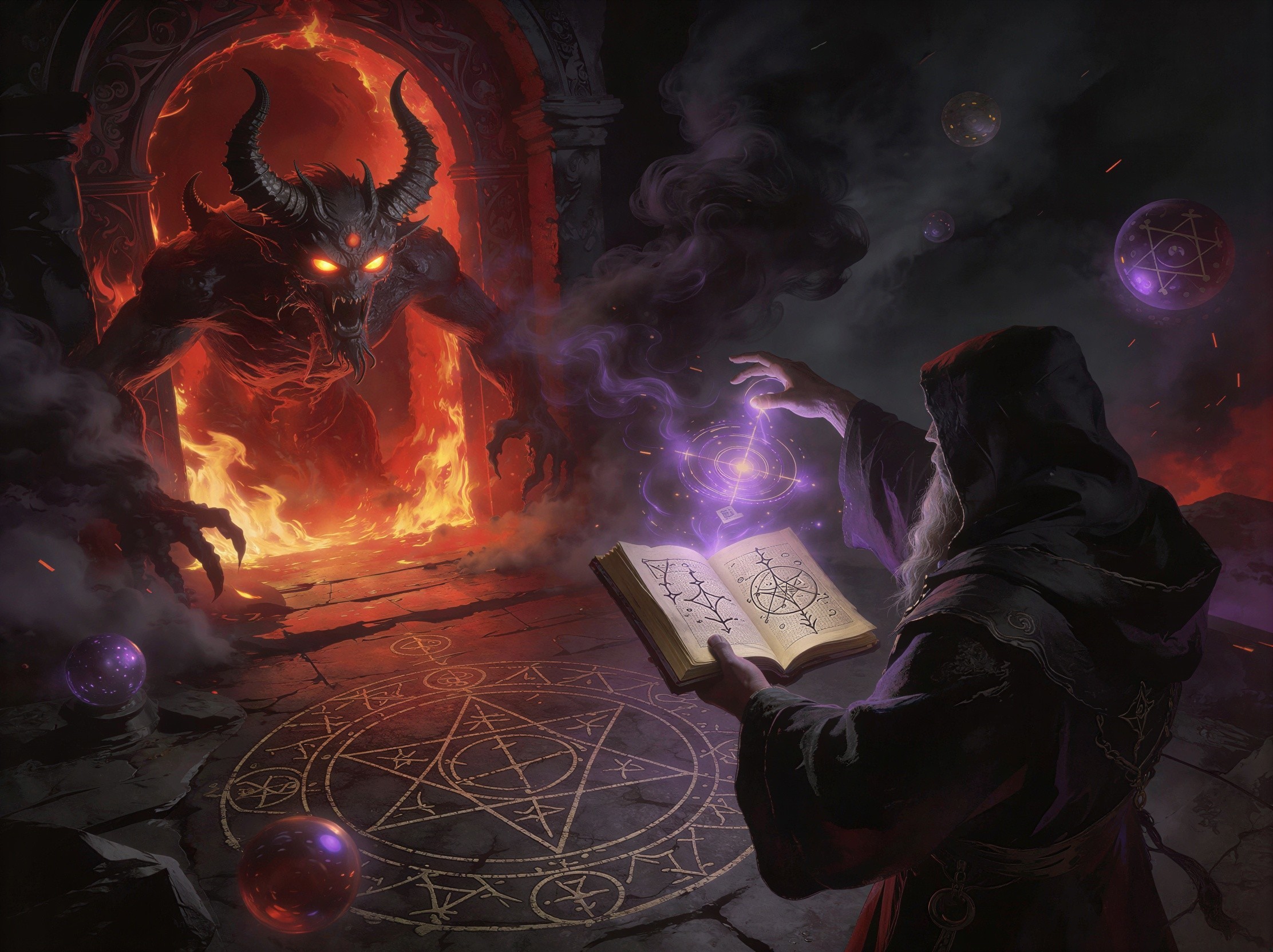 Demon and Wizard in Fiery Dark Fantasy Scene
