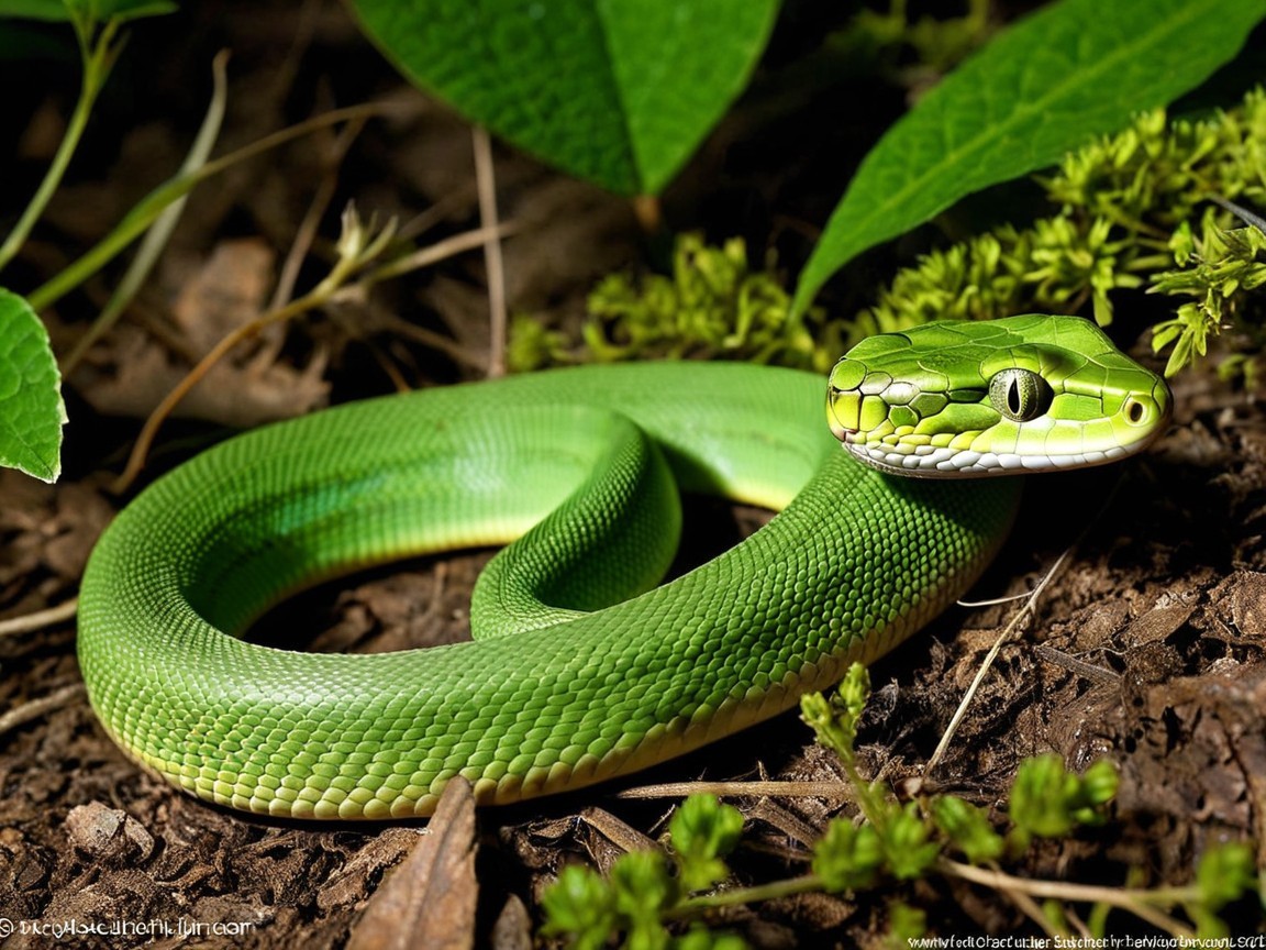 Vibrant Green Snake Among Lush Forest Foliage