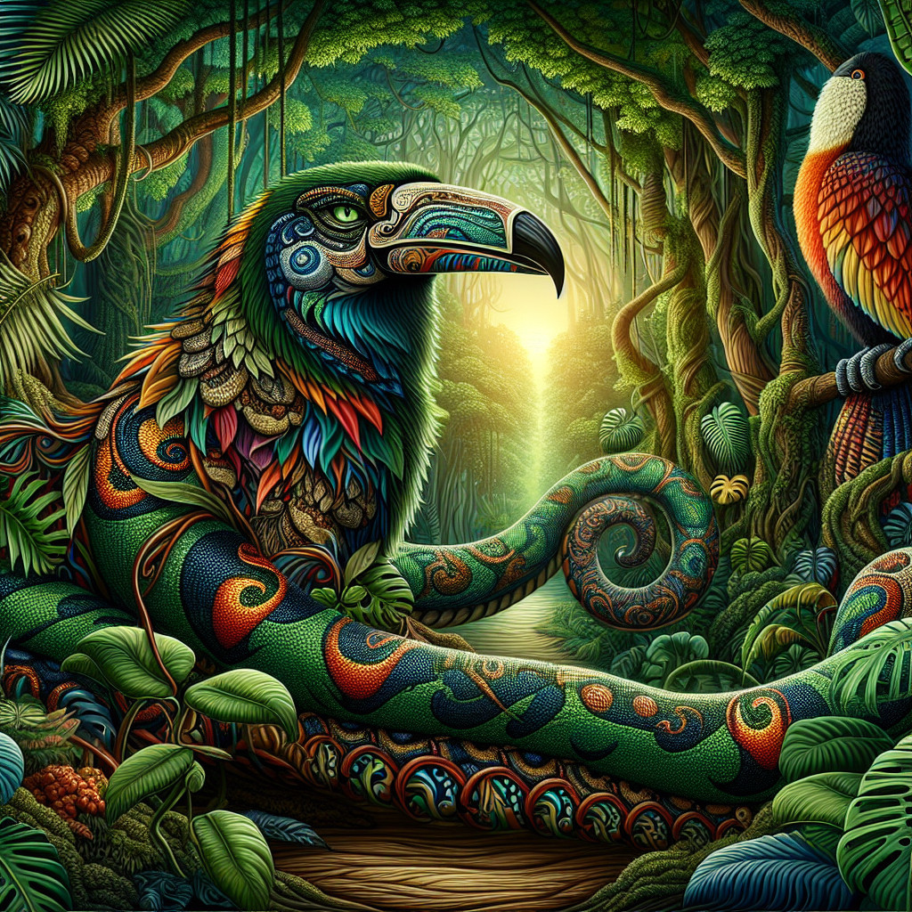 Serpent-Bird Creature in a Surreal Jungle Setting