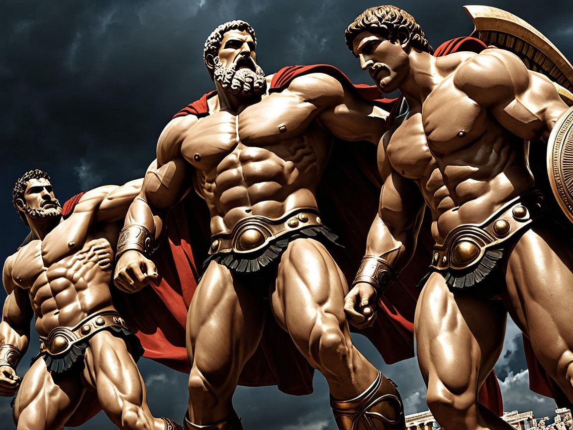 Statues of Ancient Warriors Against Stormy Sky