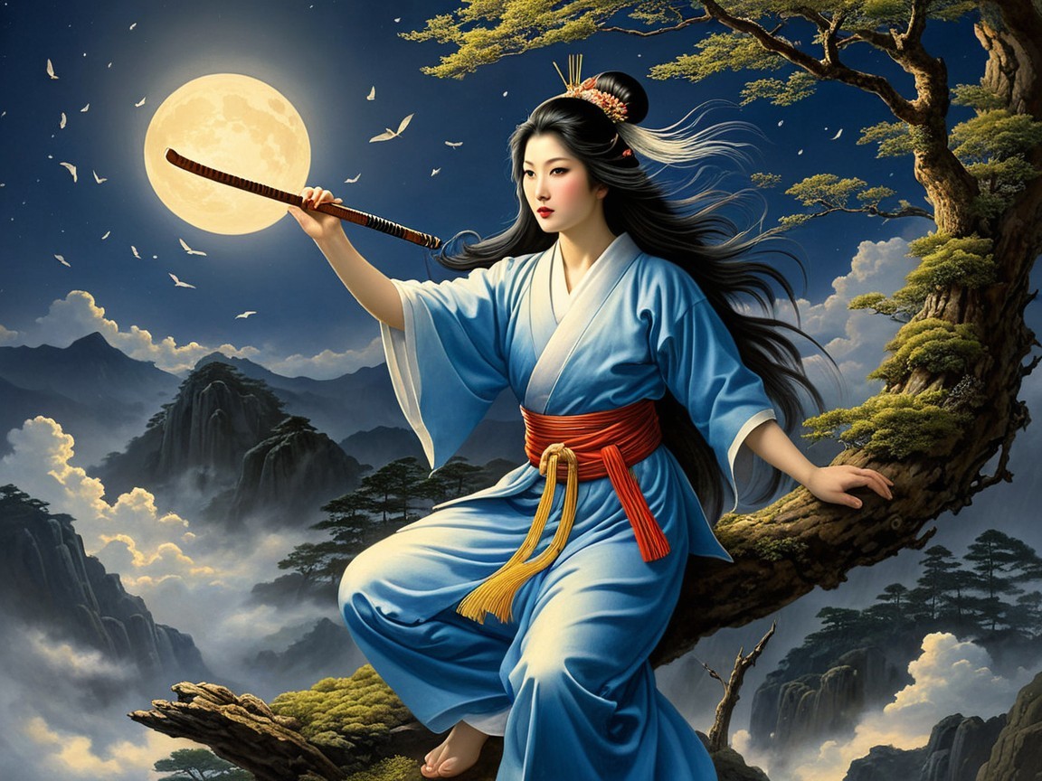 Serene figure in blue attire on a tree branch at night