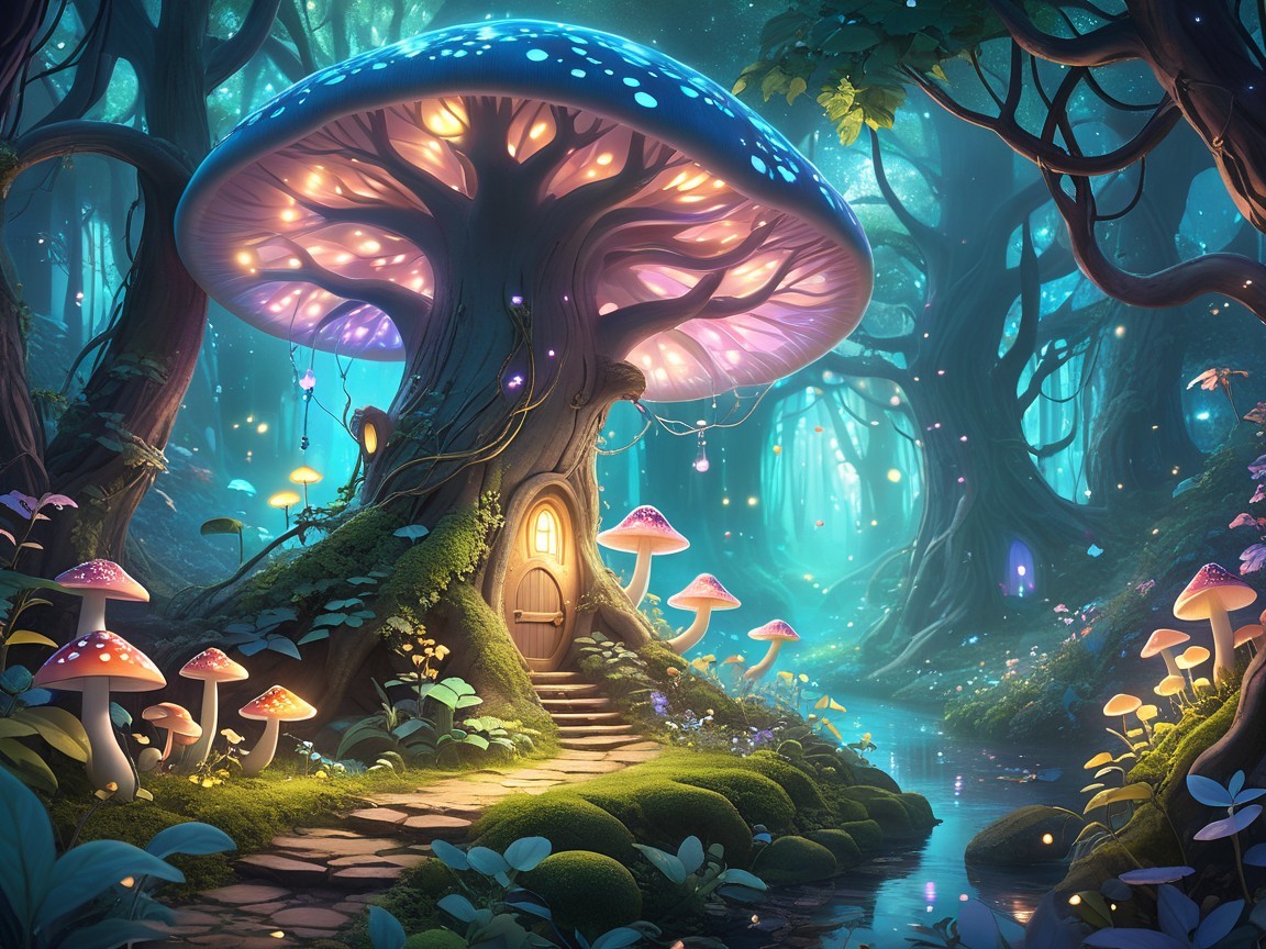 Giant Bioluminescent Mushroom in Enchanted Forest