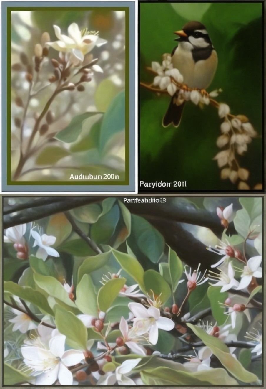 Three Artworks of Delicate Blossoms and Foliage