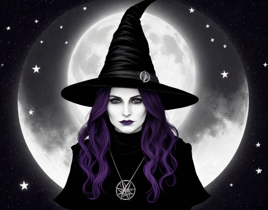 Mystical witch in dark cloak under starry night sky