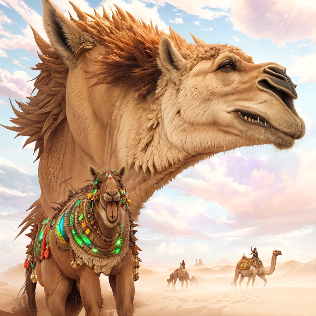 Surreal Desert Scene with Unique Camels and Dreamy Sky