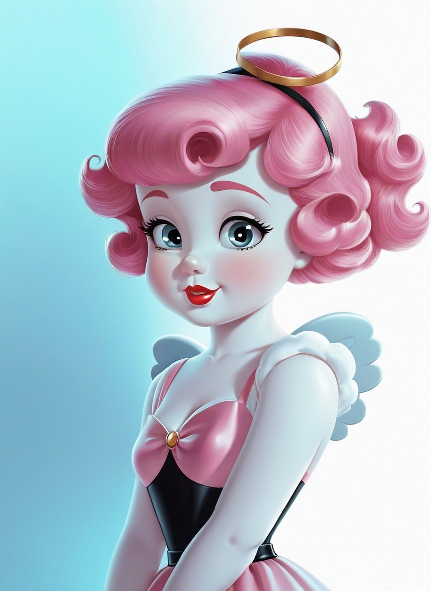 Cartoon Character with Pink Curls and Angelic Features