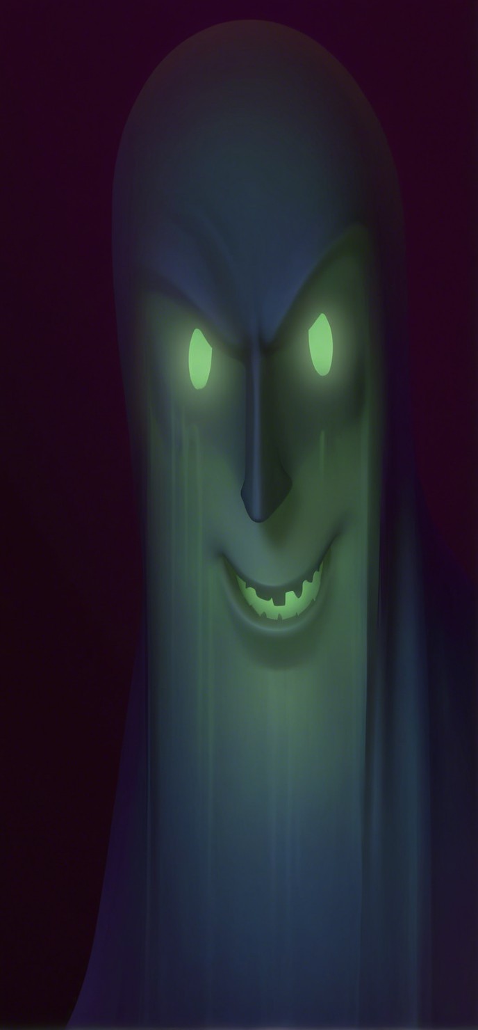 Sinister ghost figure with glowing eyes in dark setting