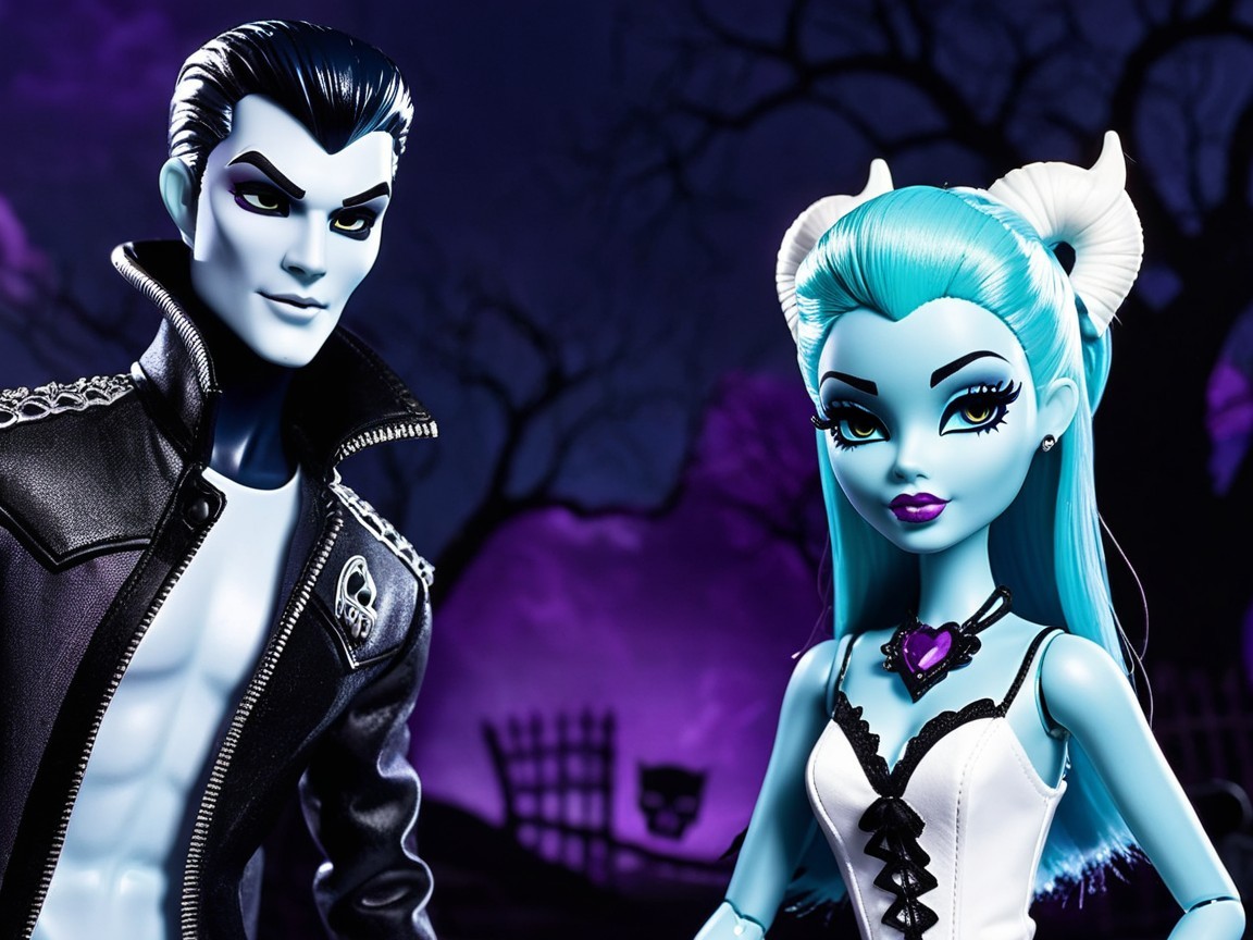 Stylized dolls in a dark, spooky backdrop