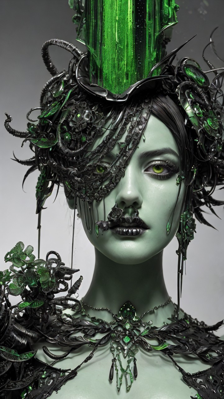 Striking figure with dark organic elements and green accents