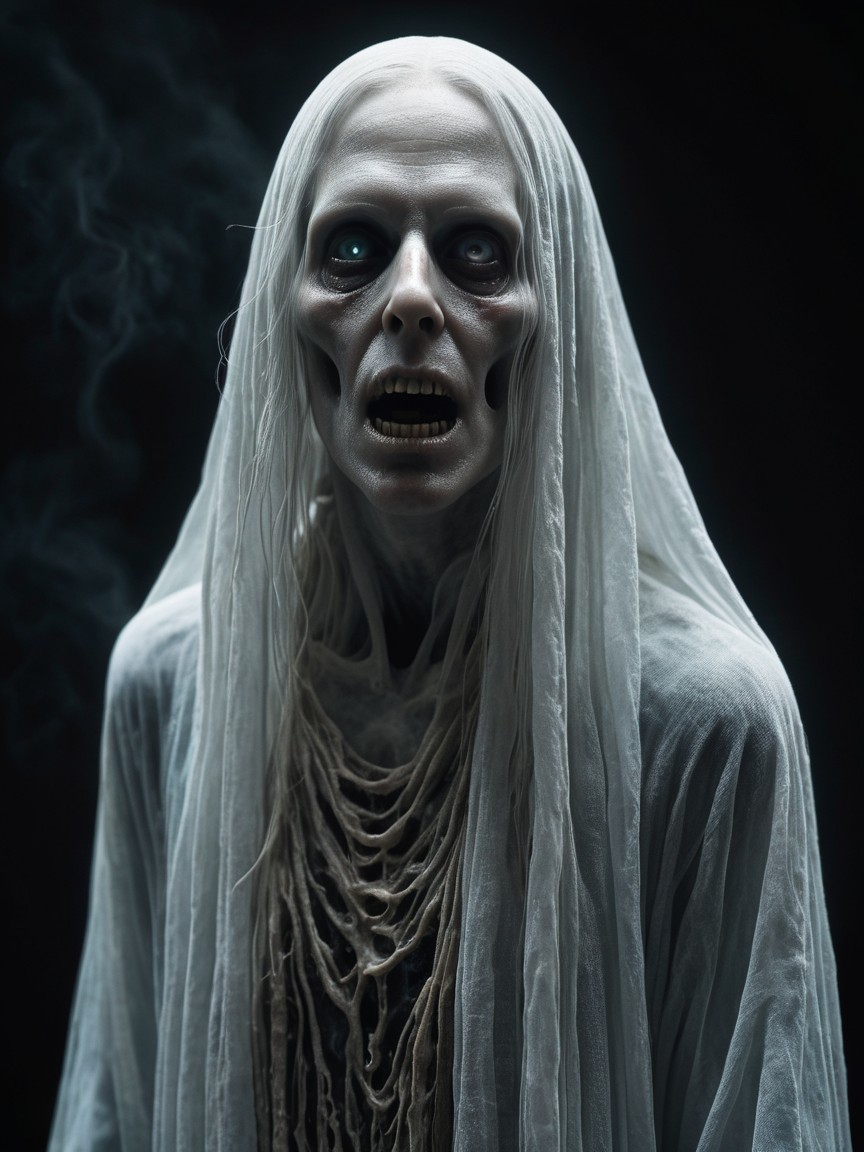 Haunting figure in tattered white garments with mist