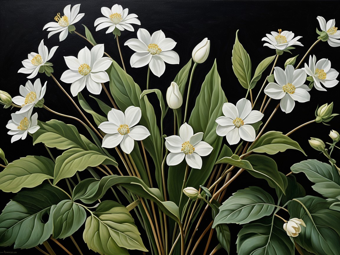 White Flowers with Yellow Centers on Black Background