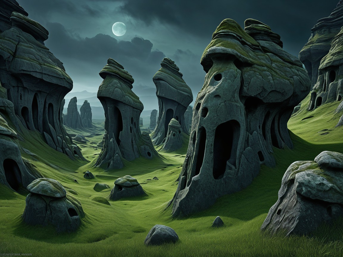 Alien Landscape with Organic Rock Formations and Moon