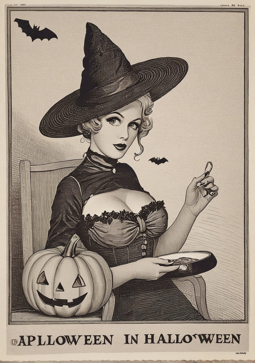 Vintage Halloween Illustration of a Stylish Witch