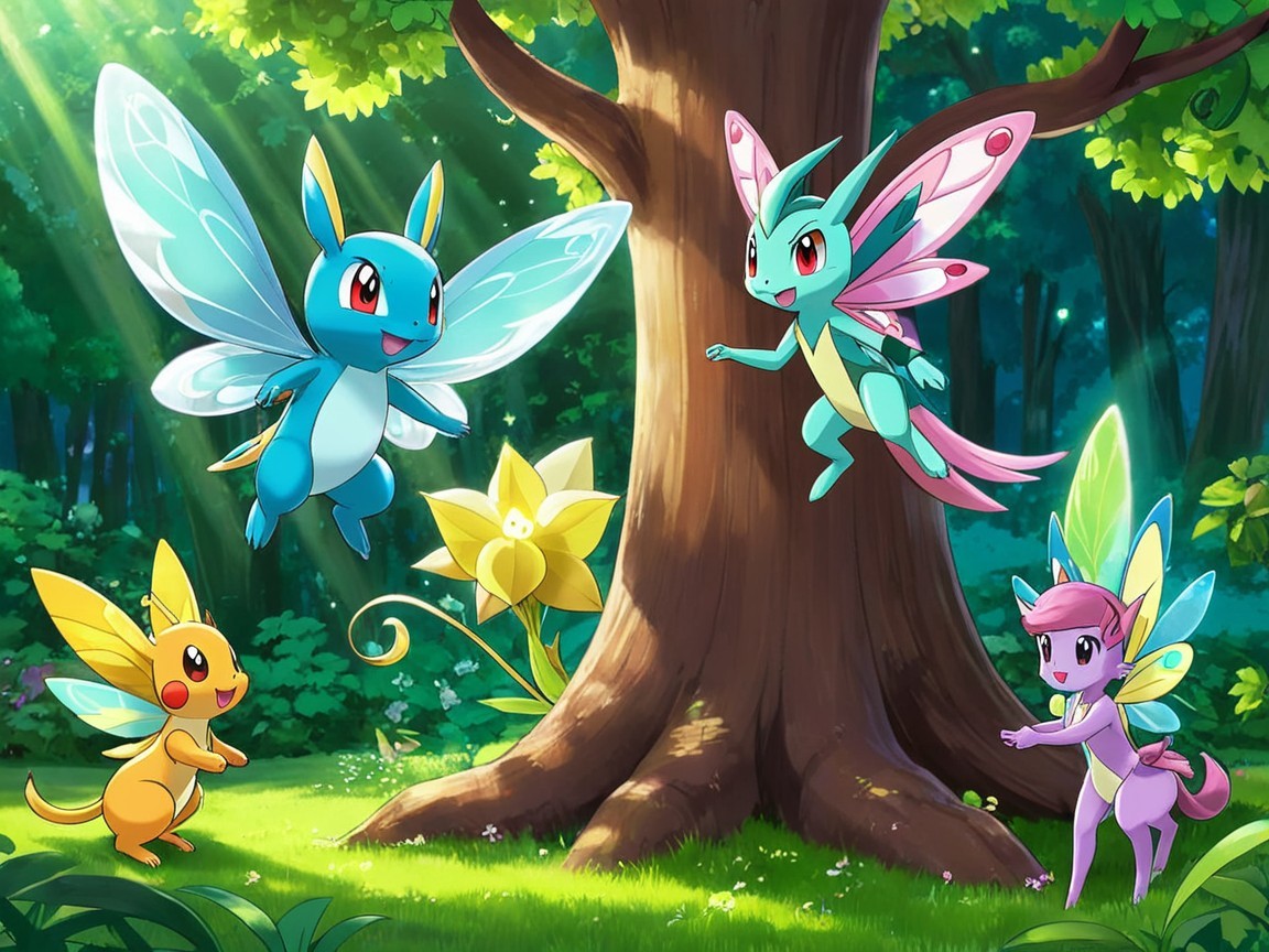 Fairy-like Pokémon in an enchanted forest scene