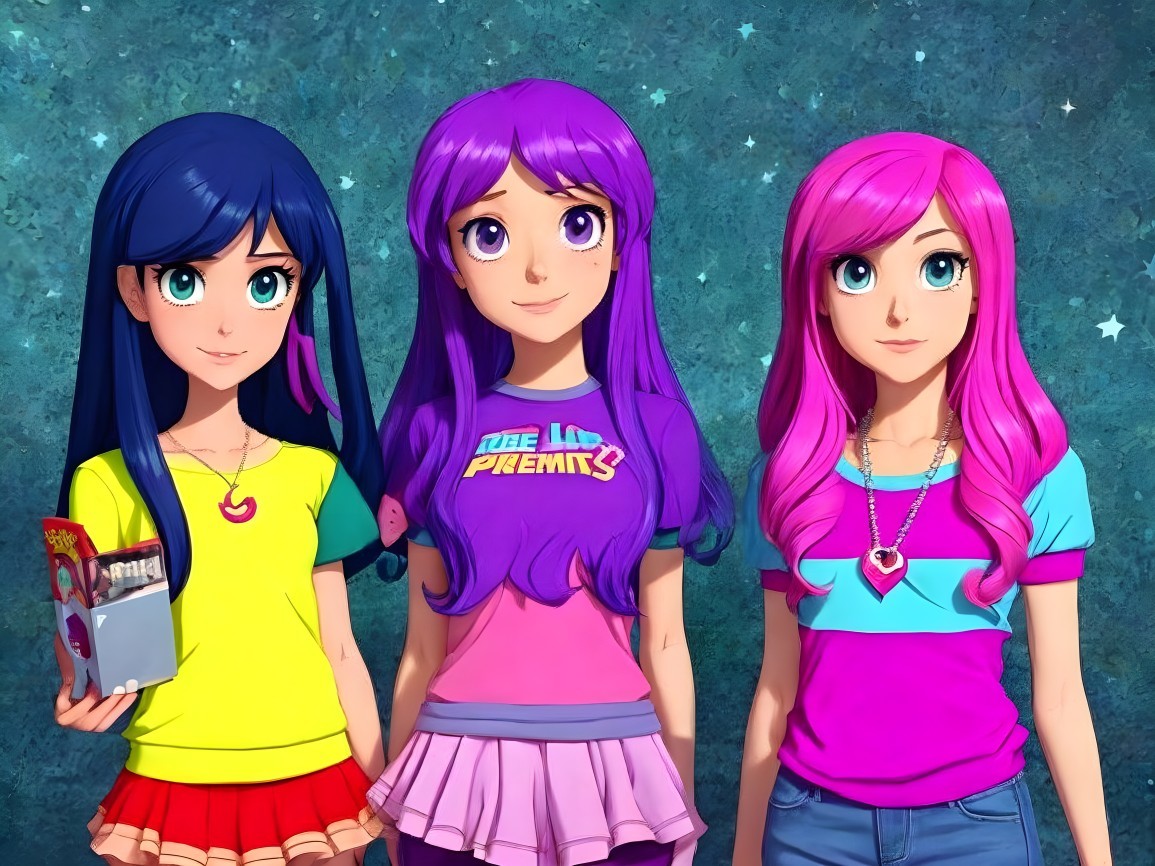 Animated girls with colorful hair in starry backdrop