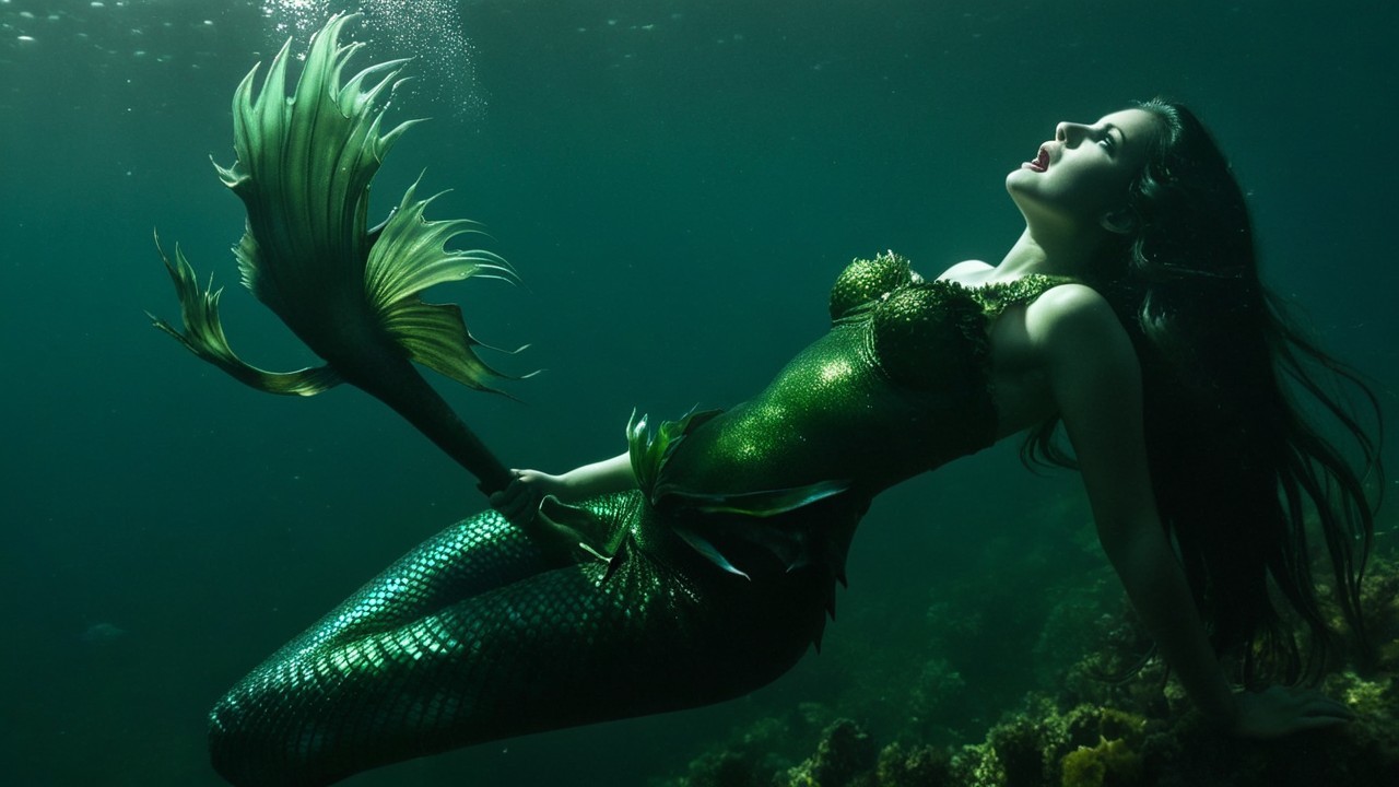 Underwater Scene with Mermaid and Aquatic Plants