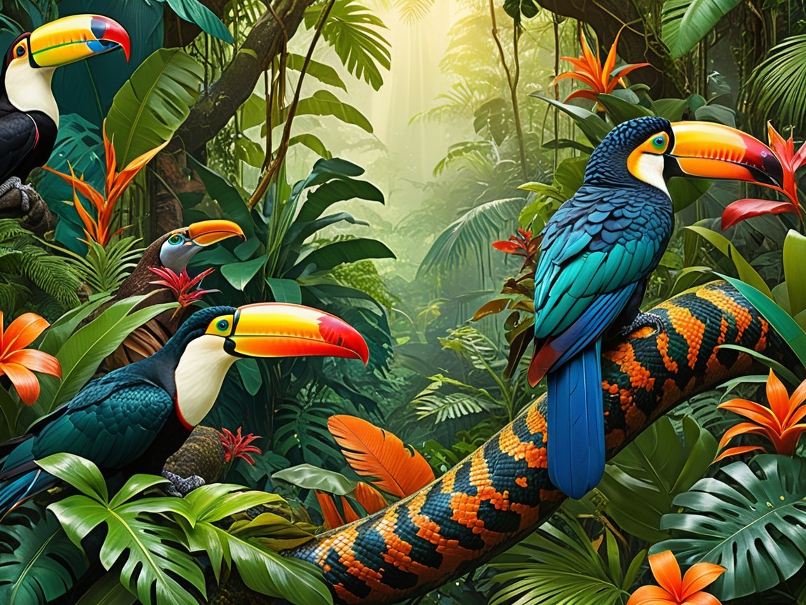 Tropical Jungle Scene with Toucans and Foliage