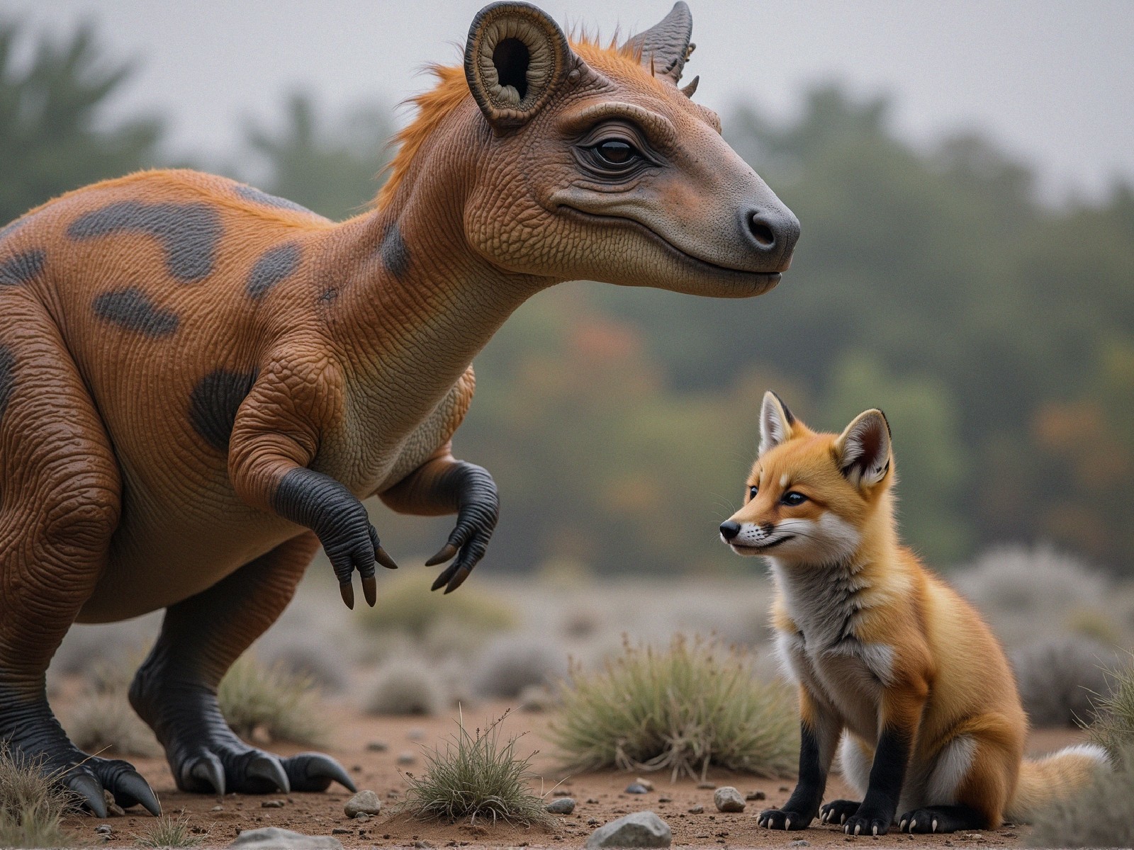 Dinosaur and Fox in Whimsical Natural Scene