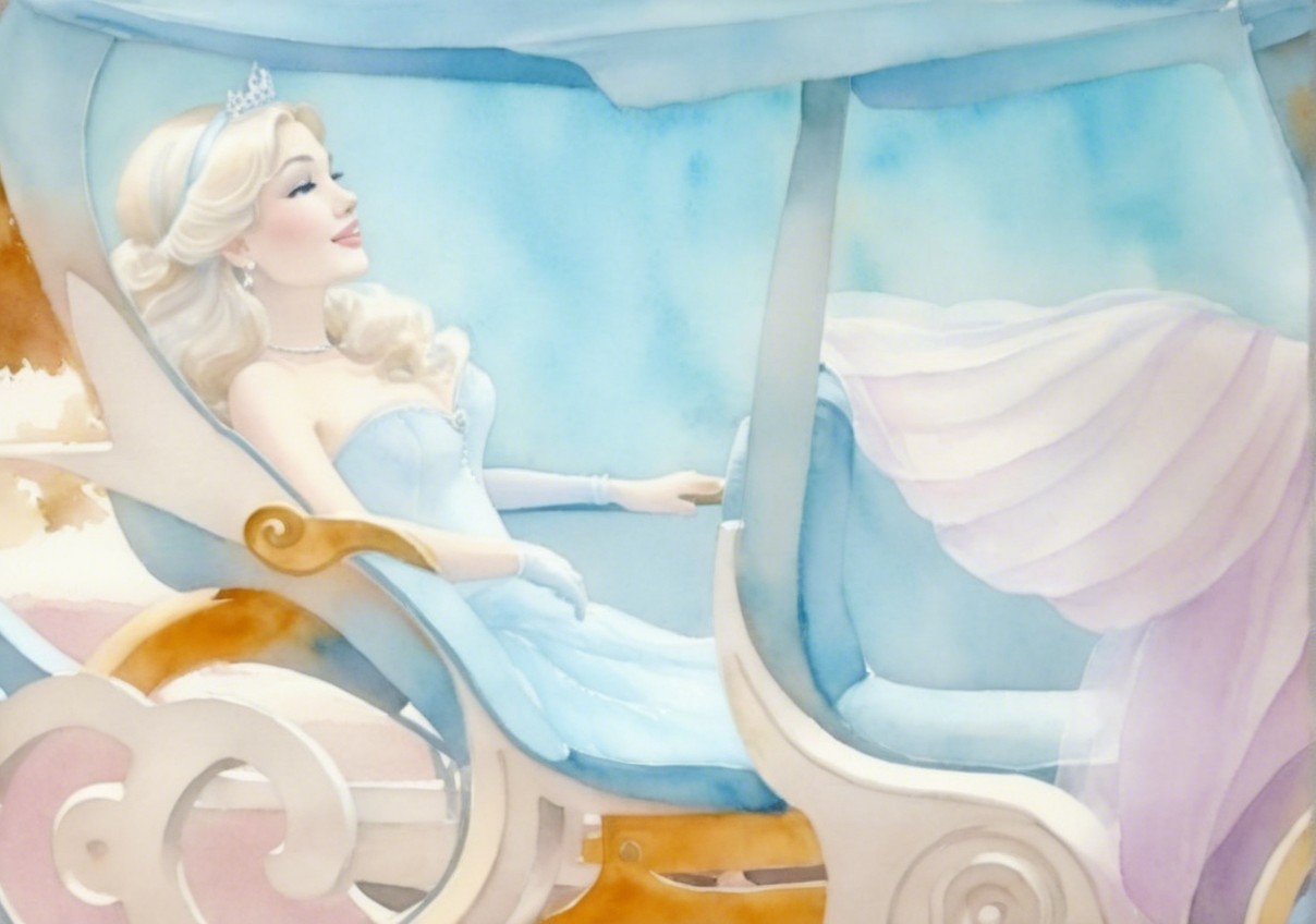 Elegant figure in blue gown in luxurious carriage
