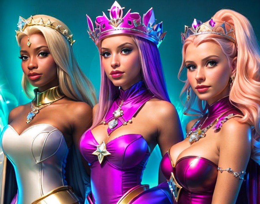 Glamorous Figures in Vibrant Costumes and Crowns