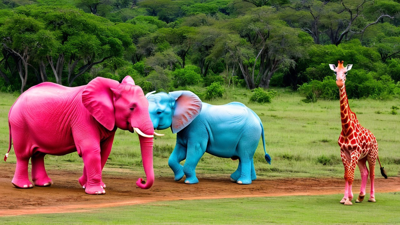 Colorful Elephants and Giraffe in Vibrant Landscape