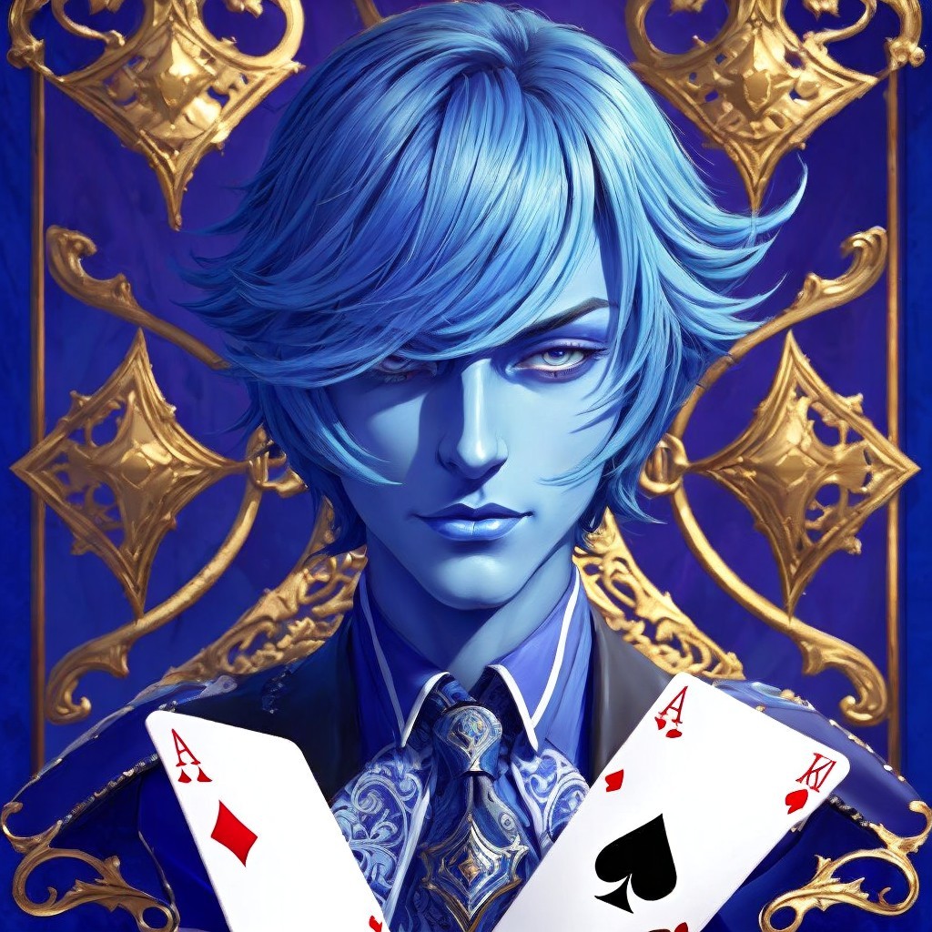 Elegant Character with Blue Hair and Playing Cards