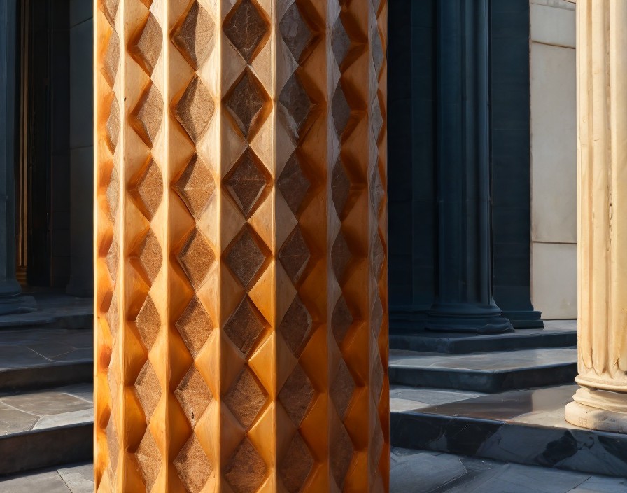 Carved Column with Geometric Diamond Pattern and Amber Hue