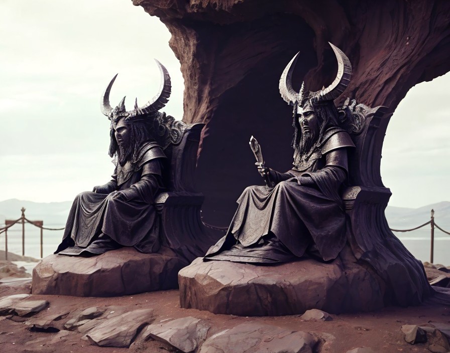 Horned Stone Statues on Thrones with Mirrors