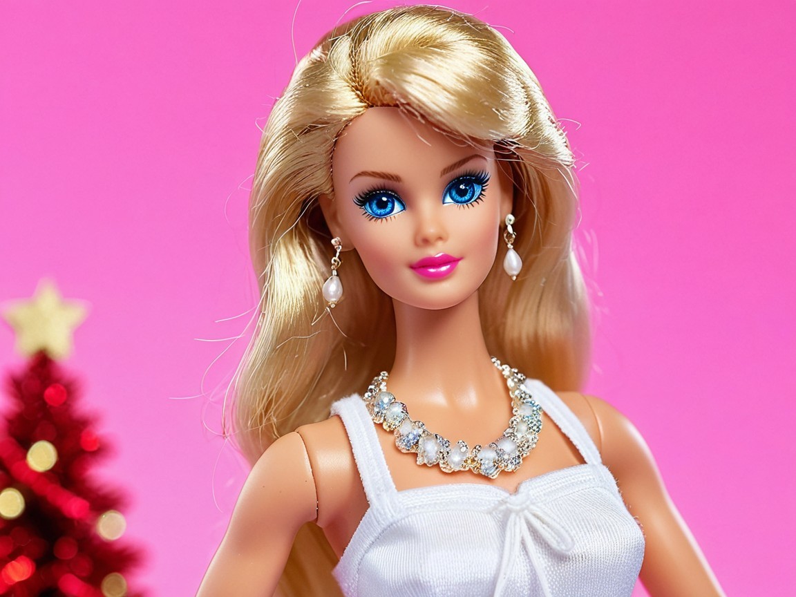 Stylish doll with blonde hair and festive background