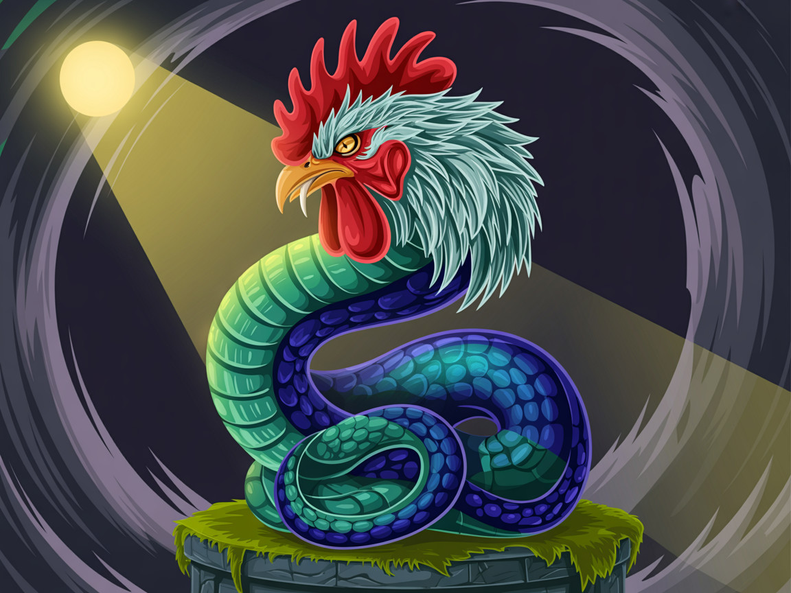 Rooster-Serpent Hybrid with Colorful Features