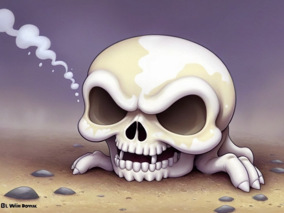 Whimsical Cartoon Skull in Dusty Landscape Scene