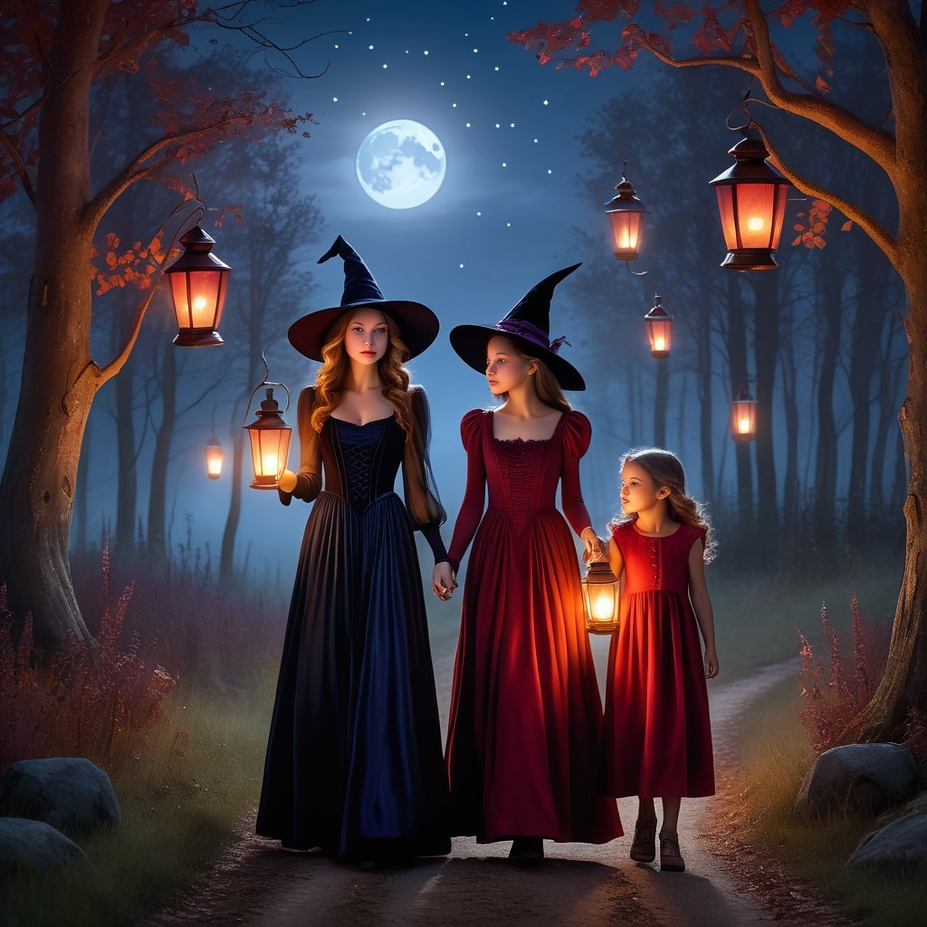 Women in Dark Gowns Walk with Girl Under Moonlight