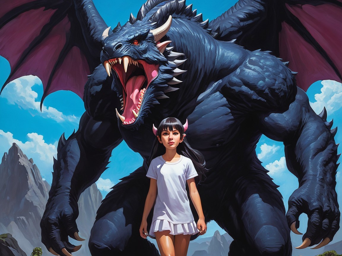 Young girl in white dress with a looming dragon