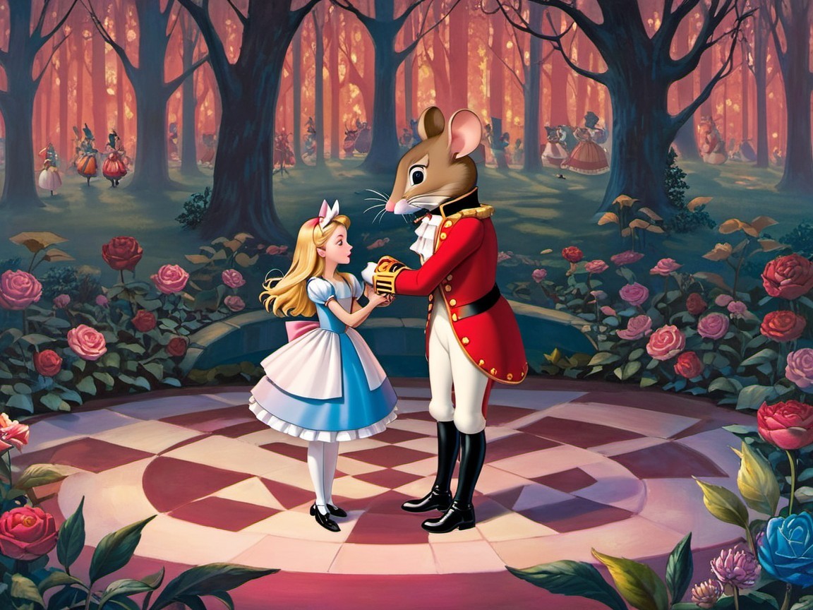 Whimsical Forest Dance with Girl and Anthropomorphic Mouse