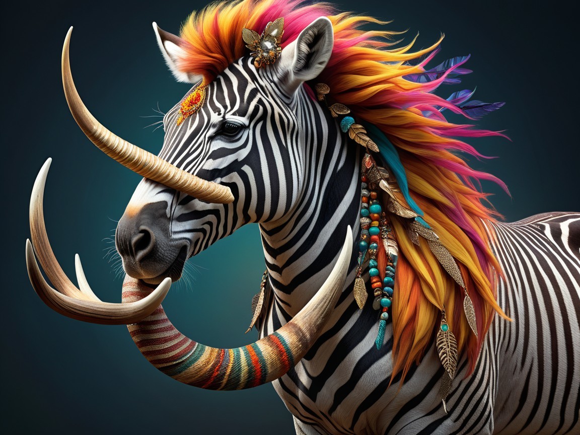 Vibrant Fantastical Zebra with Colorful Mane and Tusks