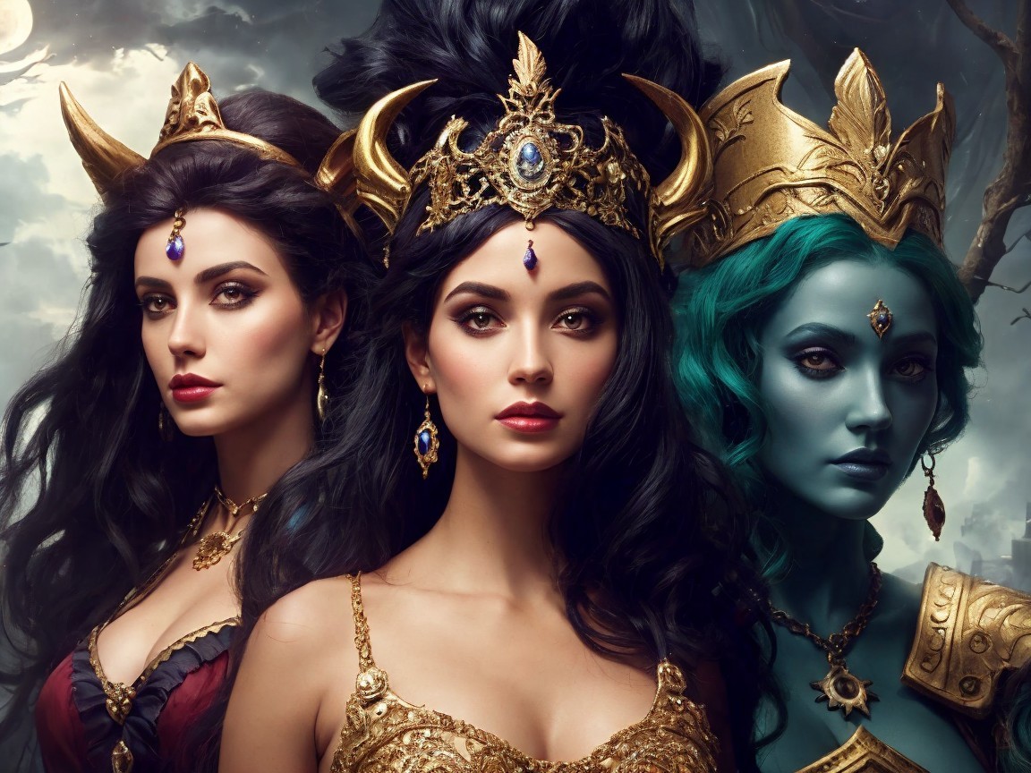 Three Regal Women in Elaborate Crowns and Jewelry