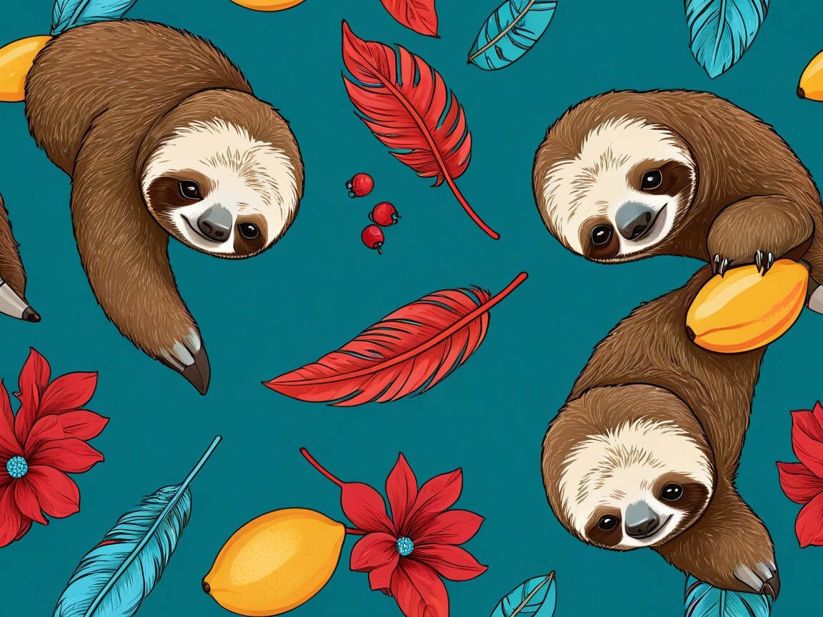 Vibrant Sloth Pattern on Teal Background with Tropical Elements