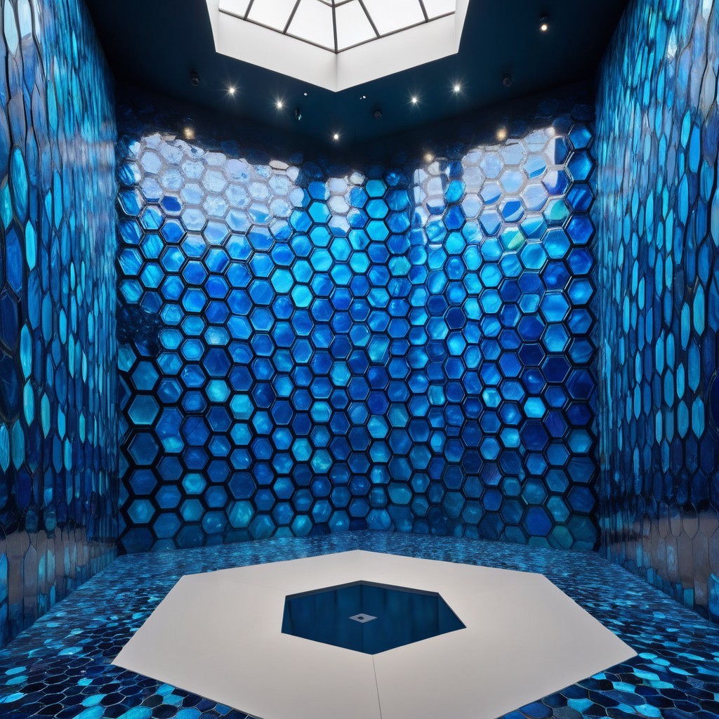 Modern Room with Hexagonal Blue Tile Walls and Skylight