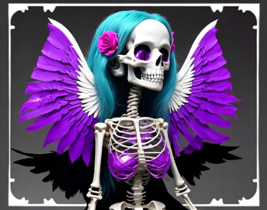 Stylized skeleton doll with vibrant blue hair and wings
