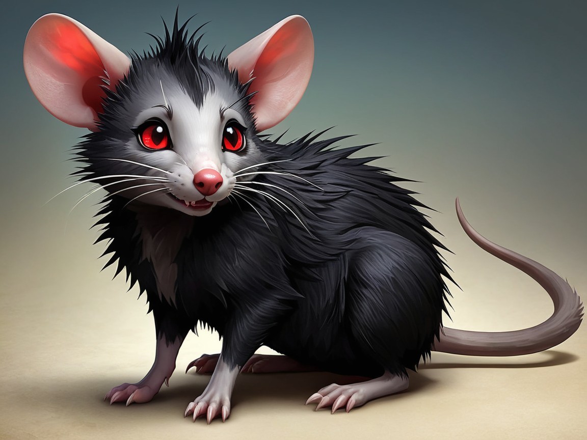 Cartoonish Mouse-Like Creature with Fluffy Coat and Red Eyes