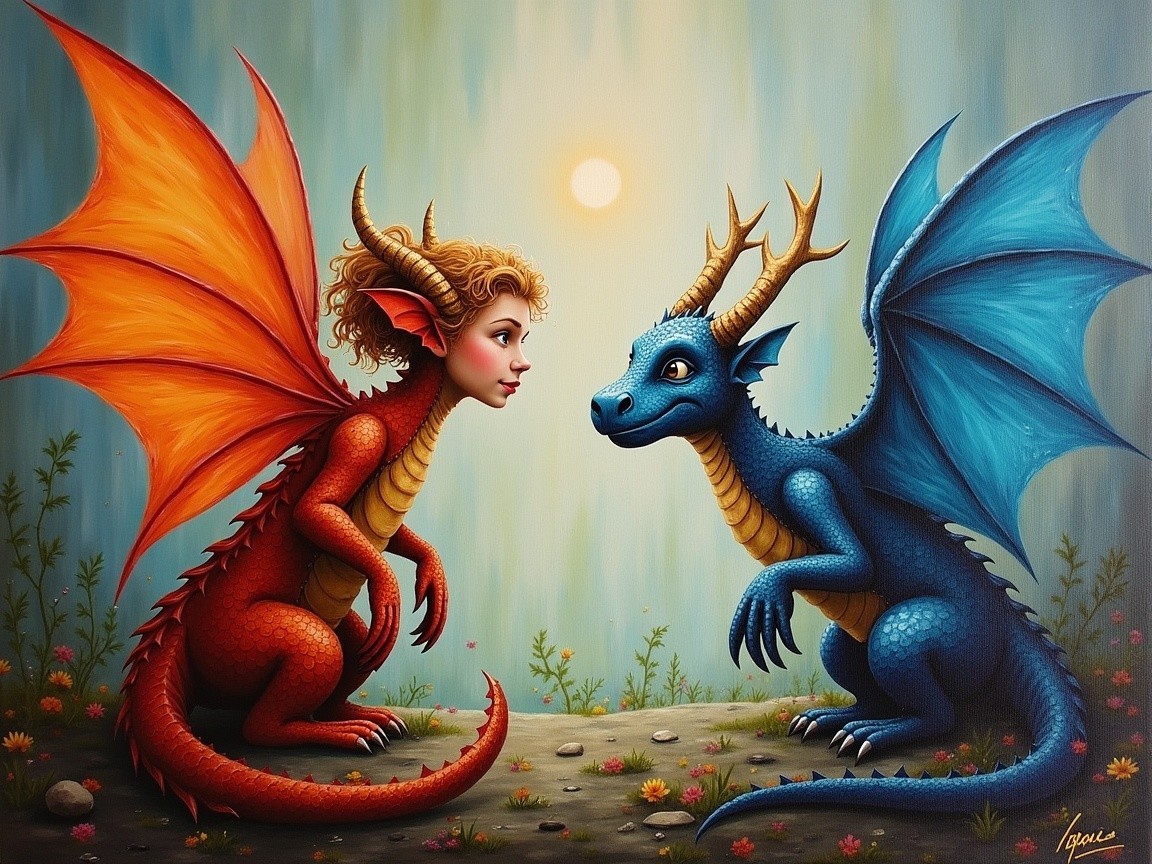 Girl with Dragon Features Meets Blue Dragon in Nature