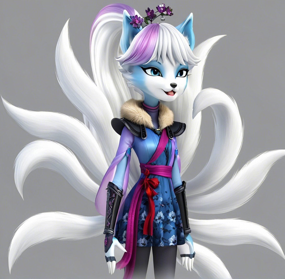 Stylized anthropomorphic fox character with floral crown