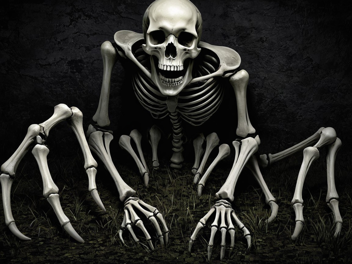 Realistic Skeleton on Dark Surface with Grass Patches