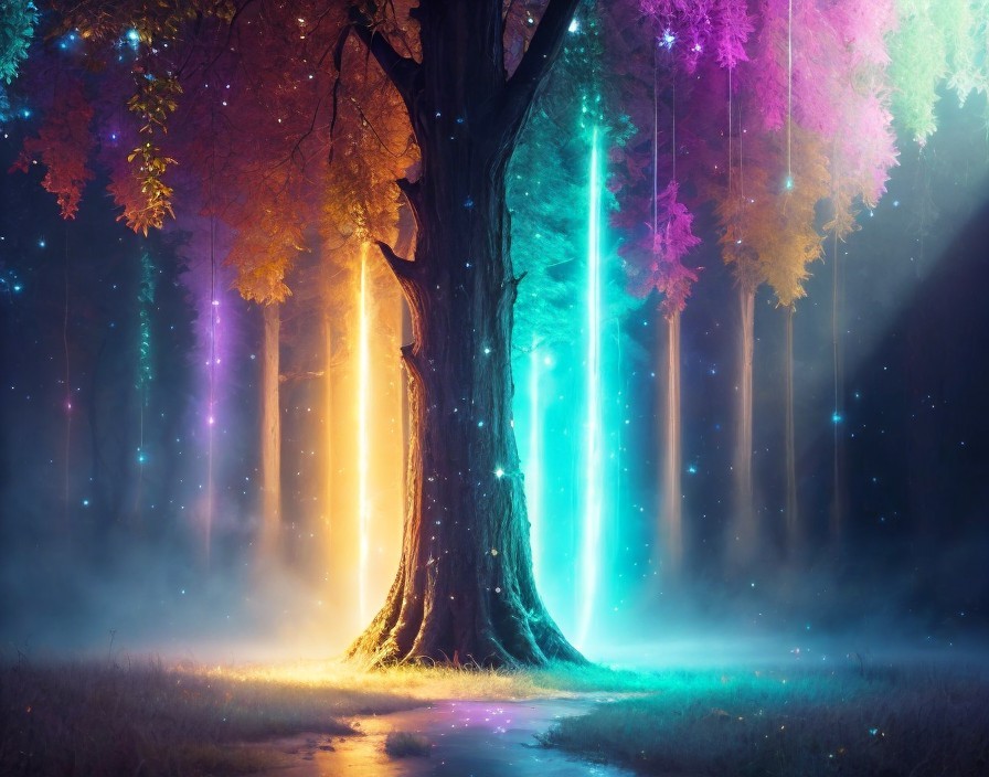 Majestic tree in a mystical forest with glowing lights