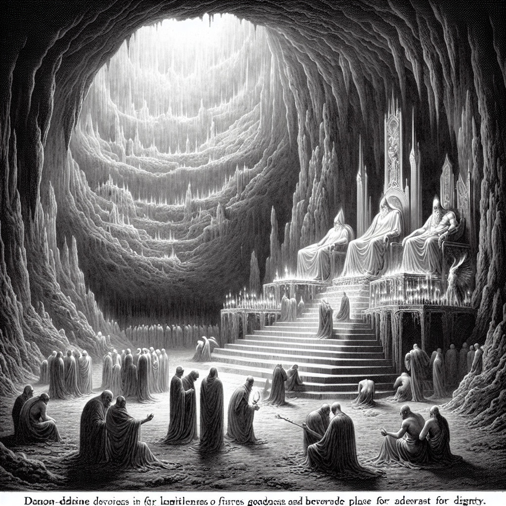 Cloaked Figures in a Dimly Lit Cavern with Thrones