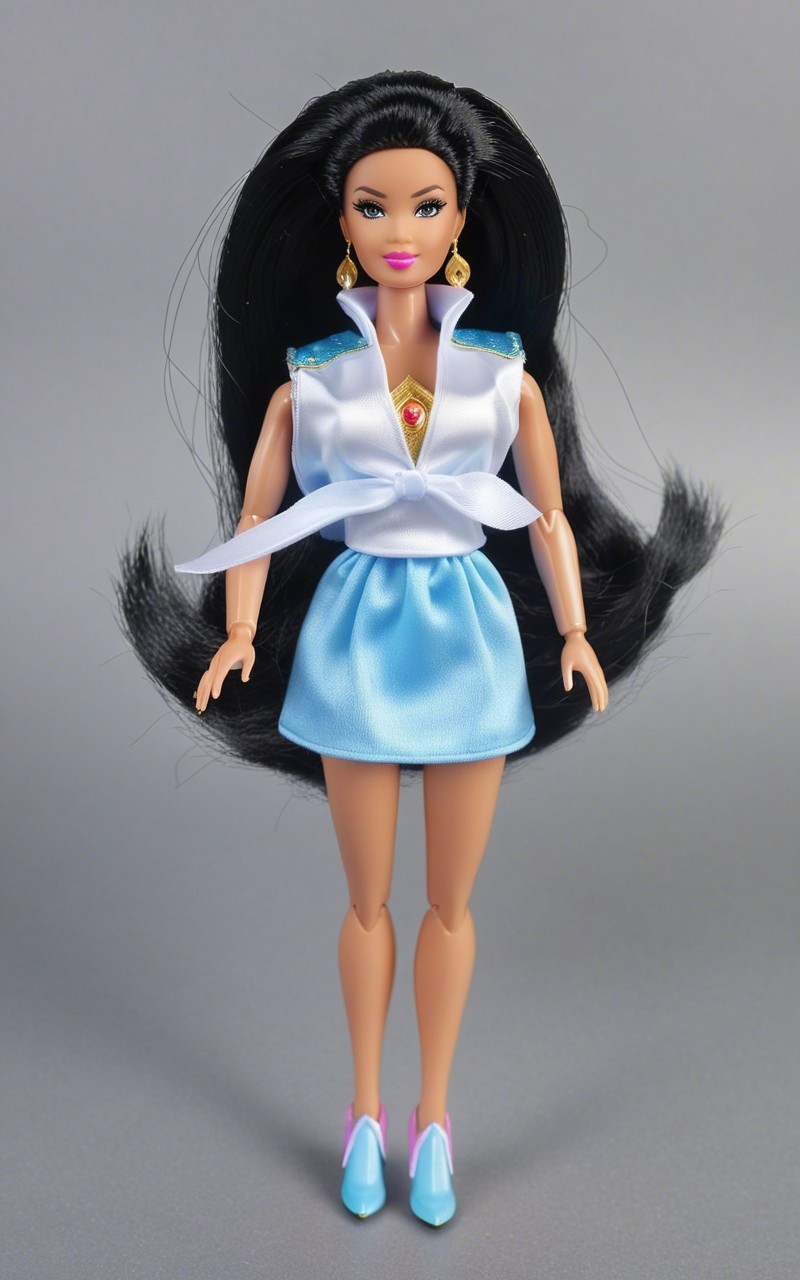 Fashion doll with black hair in stylish outfit